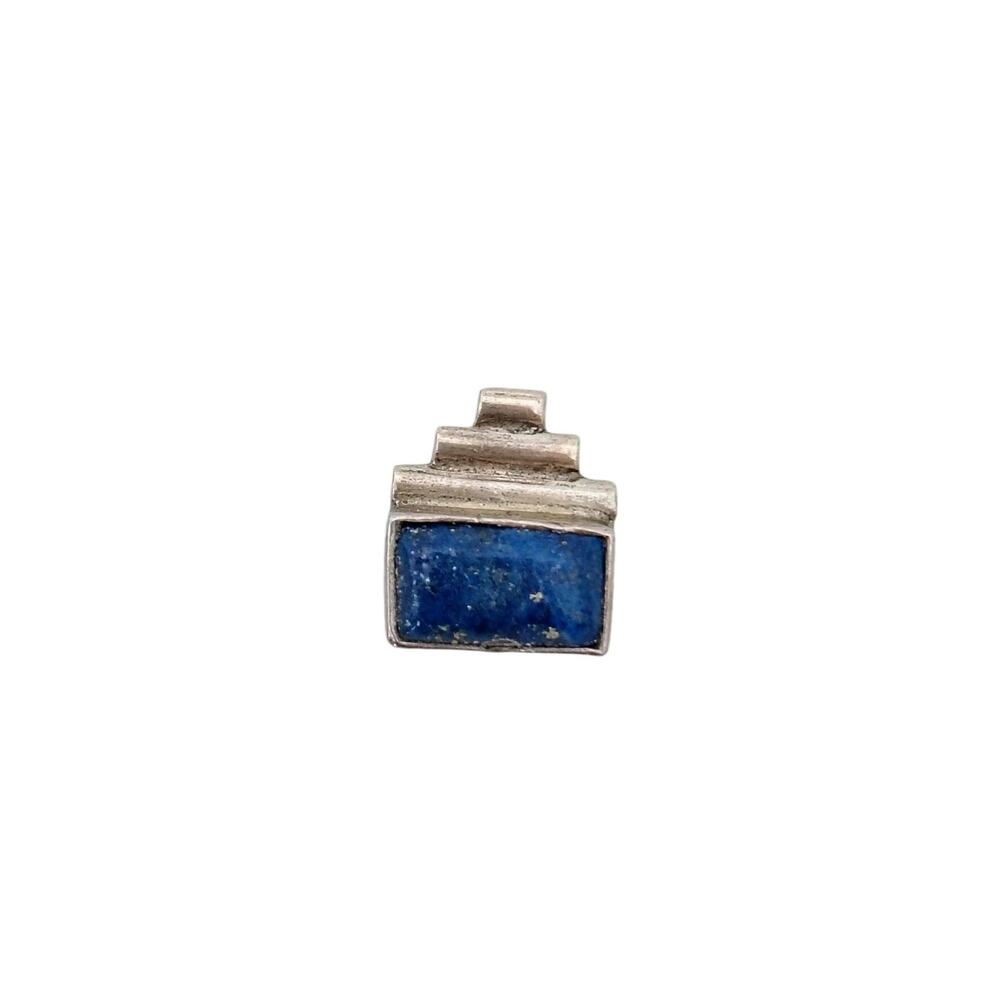 Vintage AW Signed Sterling Silver Blue Stone Square Necklace Pendant Mini Boho